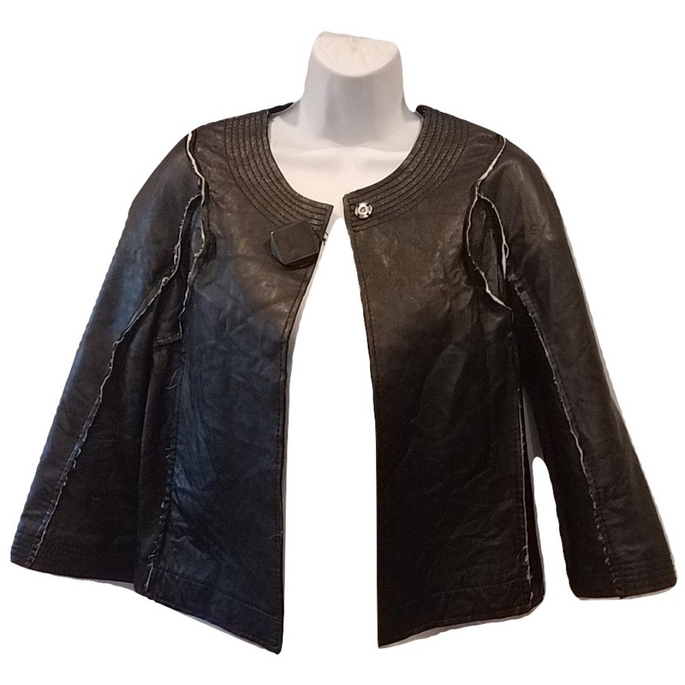 Poleci Leather Cropped 3/4 Sleeve Motorcycle Style Distress Jacket Size 4 Black - Picture 2 of 7